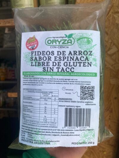 Fideos de arroz sabor espinaca sin tacc agroecológico 250g - Oryza